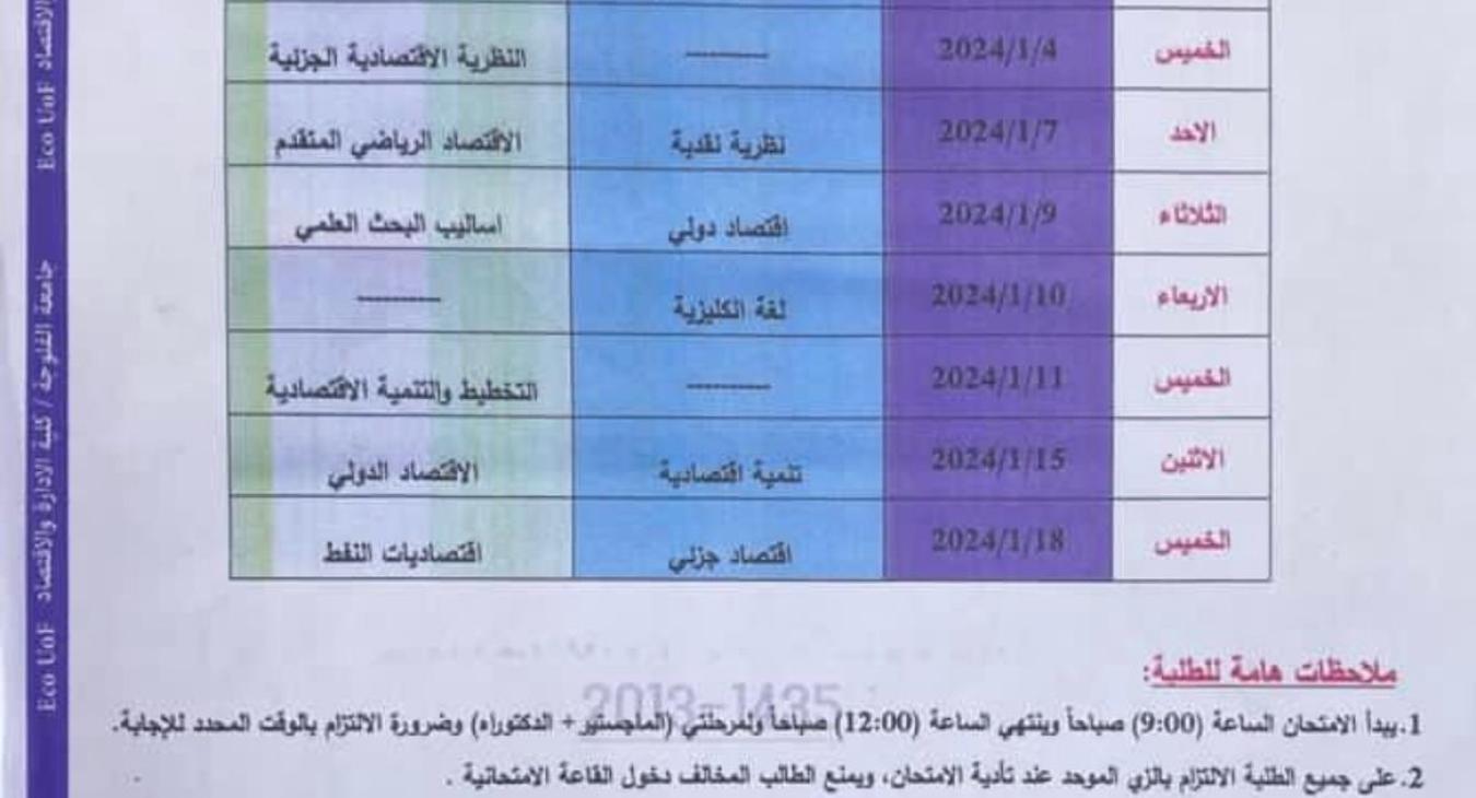 The College of Administration and  announces the final exam schedule for postgraduate students